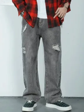 Storm Grey Wash Distress Baggy Fit Jeans