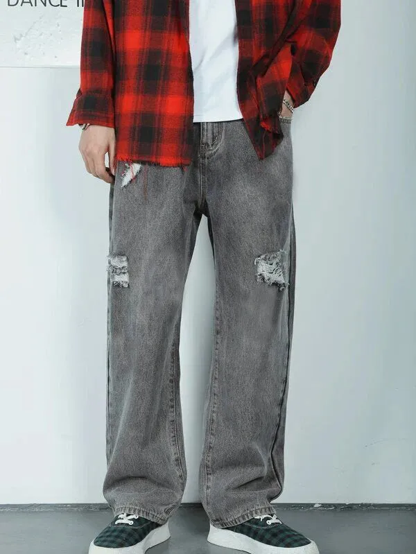 Storm Grey Wash Distress Baggy Fit Jeans