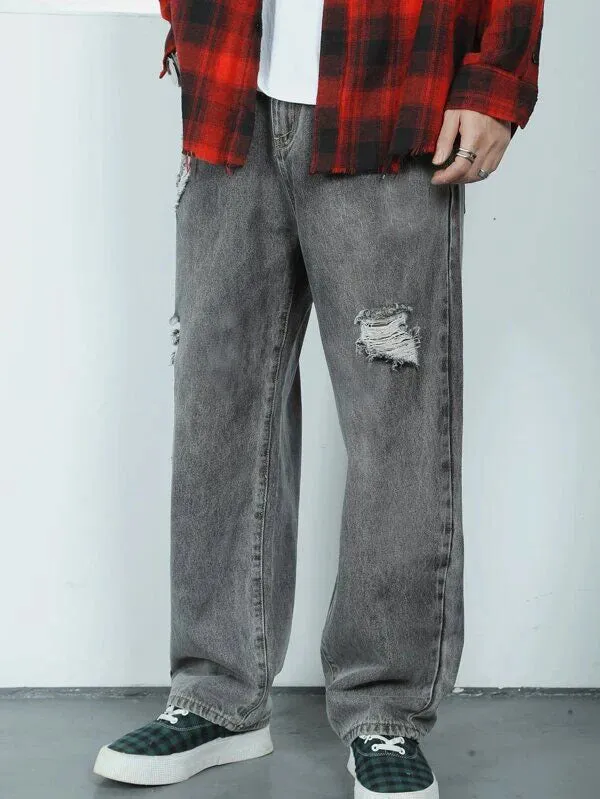 Storm Grey Wash Distress Baggy Fit Jeans