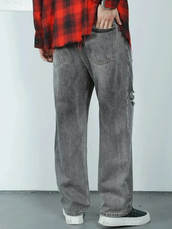 Storm Grey Wash Distress Baggy Fit Jeans