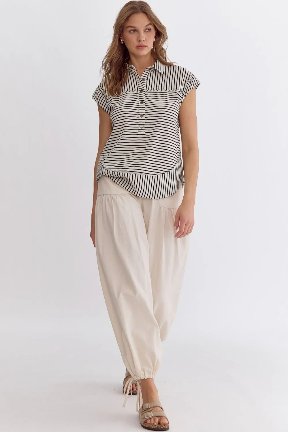 Stripped Collared Sleeveless Top