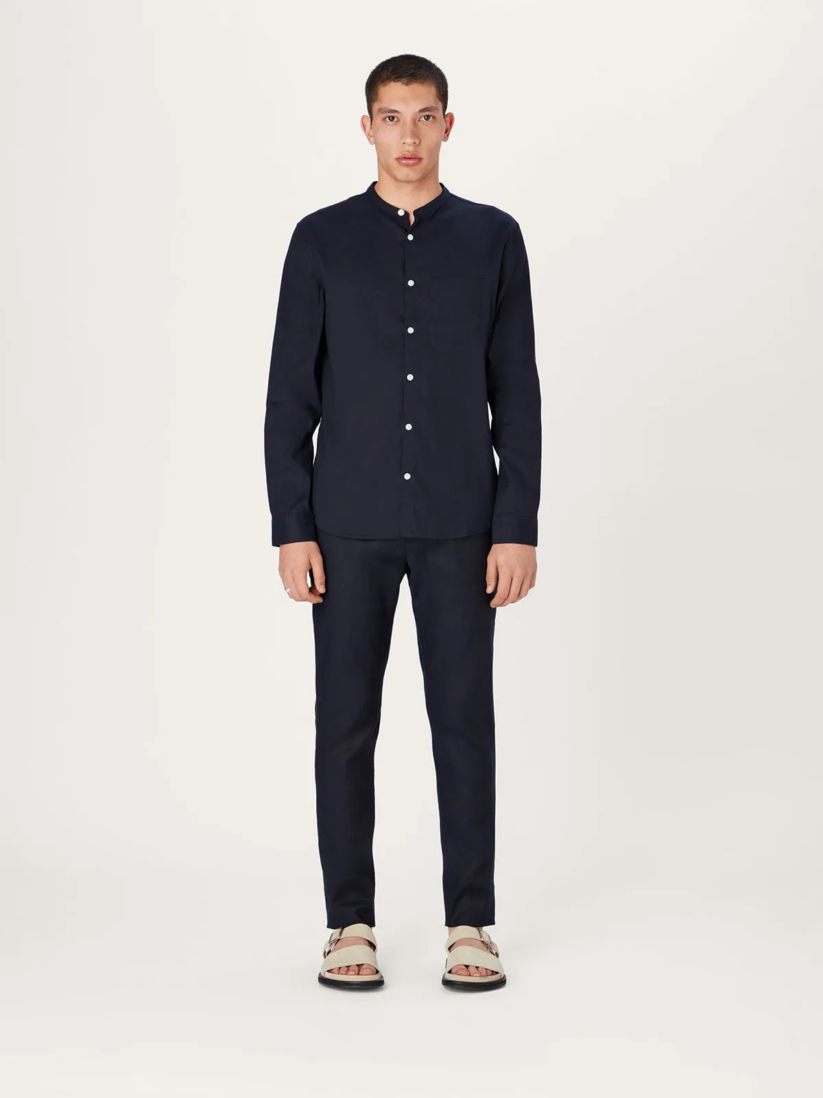 The All Day Shirt Linen Collarless || Navy | Linen