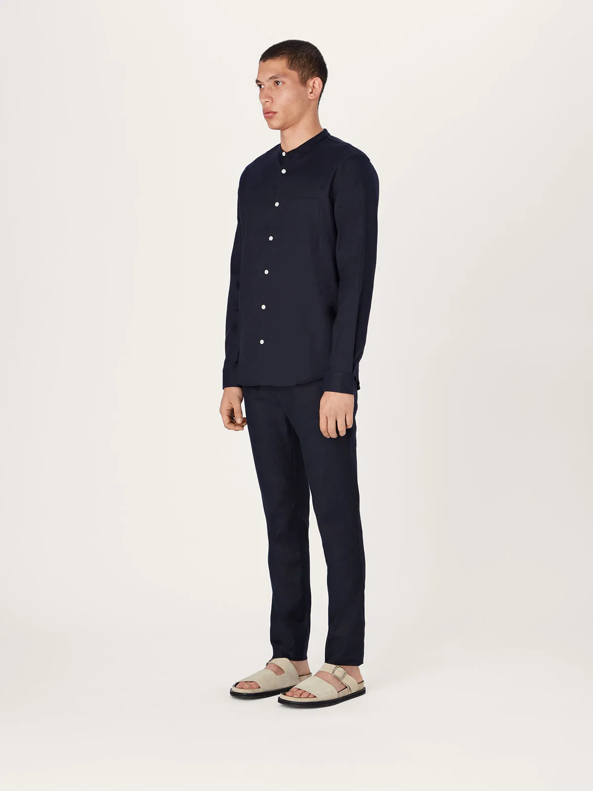 The All Day Shirt Linen Collarless || Navy | Linen